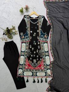 Robe traditionnelle indienne pakistanaise noire brodée pour femmes, longueur cheville, en coton avec motif floral, tenue de soirée, coupe classique - Product Image 3