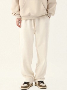 Pantalon de survêtement en coton crème pour homme, taille élastique avec cordon de serrage, tricoté, poids moyen, décontracté, pour l'automne - Product Image 1