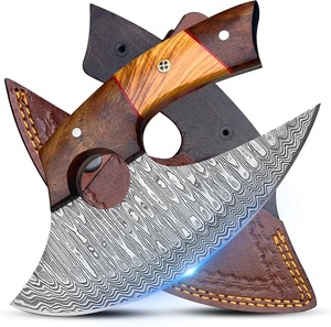 Cuchillo Ulu de Damasco hecho a mano con funda de cuero - Cuchillo de espiga completa - Mango de madera - Picador de verduras y picador de pizza - Product Image 1
