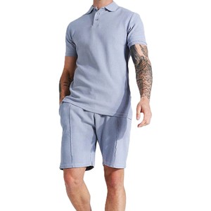 Ensemble polo et short côtelé décontracté bleu clair pour homme 2026 – Tenue deux pièces avec chemise à manches courtes et short assorti pour l'été - Product Image 1