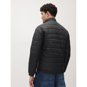 Men's Black Puffer Jacket Stand Collar Zipper Closure Windproof Polyester Winter Casual Coat Regular Fit Solid Color - Product Image 2