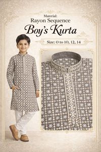 Kurta de Rayón con Lentejuelas para Niños, Ropa Étnica Tradicional India, Largo hasta la Rodilla, Corte Regular, 0-14 Años, Estampado Digital, Sin Arrugas, Informal - Product Image 2