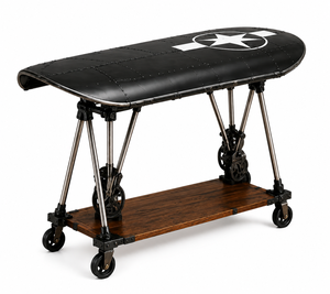 Table basse vintage en forme d'avion avec plateau en métal riveté, étagère en bois, style aviation industriel, meuble de salon décoratif - Product Image 1