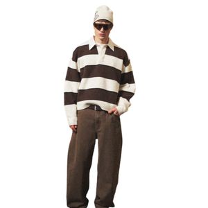 Men Stripe Knit Polo Shirt Neutral Brown Contrast Collar <b>Long</b> <b>Sleeve</b> Pullover Casual Winter <b>Top</b> Cotton Blend OEM - Product Image 6