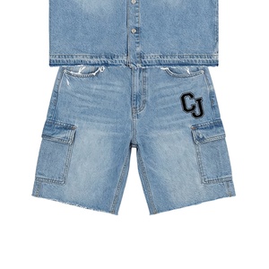 Ensemble jean homme deux pièces personnalisé par le fabricant, chemises à manches courtes boutonnées et shorts en jean de haute qualité, style streetwear. - Product Image 6