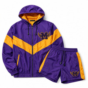 High Quality Custom <b>Mens</b> Color Block Patchwork Sportswear Nylon Windbreaker Tracksuit <b>Jacket</b> and Shorts Set <b>Men</b> - Product Image 1