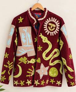 Chaqueta de pana bordada para mujer, manga larga, cuello vuelto, estilo vacaciones de verano, diseño de patchwork con bordado a mano - Product Image 2