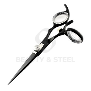 Professional Matte Black Hair Cutting Scissors with Swivel Thumb Handle and Clear Glitter Finger <b>Ring</b> Inserts - Product Image 3