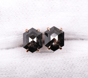 Ready To Ship 14K Gold Diamond Stud Earrings | Salt And Pepper Hexagon Diamond Earrings | Solitaire Earrings For Women - Product Image 4