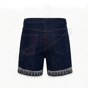 Shorts de Mezclilla de Cintura Alta con Decoración de Flecos con Cuentas, Lavado Oscuro, Estilo Casual, Ropa de Verano para Hombre, Shorts de Mezclilla con Pedrería - Product Image 2
