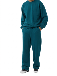 Ensemble sweat-shirt et jogging pour homme, couleur turquoise, col rond, 100% coton, coupe ample, couleur unie, survêtement décontracté, longueur intégrale, poches latérales - Product Image 3