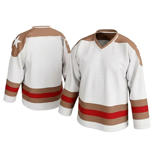 Maillot de hockey sur glace blanc sublimé sur mesure, tissu respirant avec bandes rouges et marron clair, fabrication de vêtements de sport. - Product Image 1