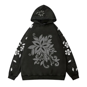 Sweat à capuche noir élégant à motif floral, avec motifs inspirés des strass, style artistique, tendance décontractée, tissu confortable, sweats à capuche modernes - Product Image 1