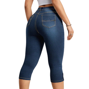 Women's Dark Blue <b>Denim</b> Capri Pants High Waist <b>Stretch</b> Skinny Fit Casual Breathable Quick Dry XL Knee-Length Button Hem Jeans - Product Image 2
