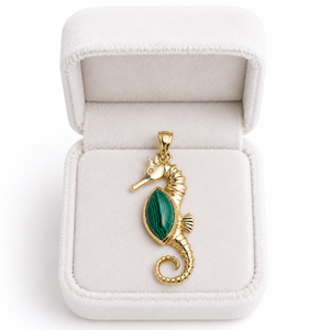 Natural <b>Malachite</b> Seahorse Pendant Gold Tone Brass Ocean Inspired Handmade Designer Gemstone Jewelry Unique Gift for Women - Product Image 4