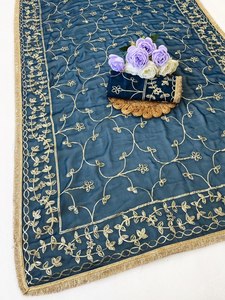 Georgette <b>Saree</b> Gold Embroidery Border for Women Wedding Wear Indian Pakistani Traditional Floor-Length Quick Dry All Seasons - Product Image 5