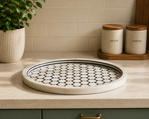 Bandeja de Servir Redonda de Lujo Hecha a Mano con Incrustaciones de Hueso, Mosaico Geométrico Blanco y Negro, Bandeja Decorativa para Mesa de Centro, Otomana, Desayuno - Product Image 4
