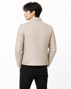 Men's Quilted PU Leather Moto <b>Jacket</b> Stand Collar Zipper Closure Slim Fit Regular Length Autumn Style Solid Color - Product Image 4