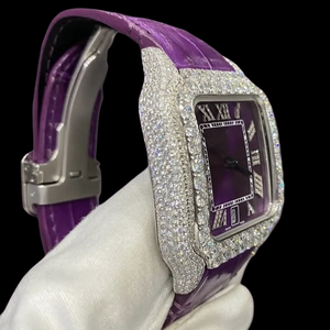 Moissanite Diamond Luxurious <b>Square</b> Case Roman Numerals Wristwatch Purple Color Leather Band <b>Man's</b> All Function Suitable <b>Watch</b> - Product Image 3