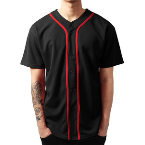 Camiseta de Béisbol Personalizada Negra con Ribete Rojo, Cierre de Botones, Manga Corta, Corte Regular para Hombre, Ropa Deportiva Transpirable de Poliéster OEM - Product Image 1