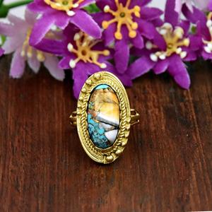 Natural Oyster <b>Turquoise</b> 18K <b>Gold</b> Vermeil <b>Ring</b> Oval Gemstone Statement <b>Ring</b> December Birthstone Fine Jewelry For Women Gift - Product Image 4