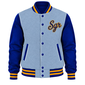 <b>Womens</b> <b>Light</b> Grey Varsity Bomber <b>Jacket</b> Blue Sleeves SGR Embroidery Gold Trim Snap Button Ribbed Collar Cuffs Daily <b>Jacket</b> Style - Product Image 1