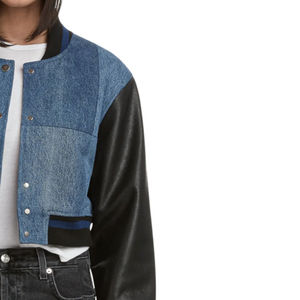 Women Patchwork <b>Denim</b> Cropped Bomber <b>Jacket</b> Faux Leather Sleeve Varsity Baseball <b>Jacket</b> Streetwear Casual Vintage Style Coat - Product Image 3