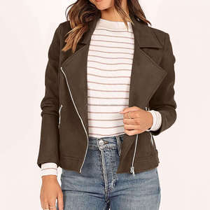 Veste de style motard pour femmes en daim marron vintage moderne Fermeture à glissière asymétrique Col à revers Manches longues Recadrée Respirante Viscose - Product Image 4