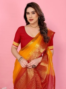 Sari Tradicional Indio de Organza de Seda, Estilo Bollywood, Liso y Sólido, para Fiesta - Product Image 2