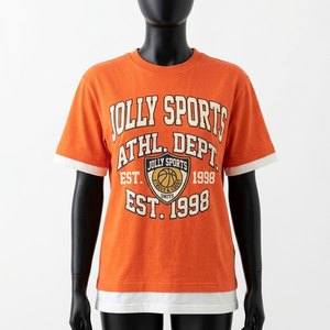 Camiseta Premium de Algodón 200 GSM para Mujer, Color Naranja, Dobladillo en Contraste, Logotipo Serigrafiado, Camiseta Casual de Doble Capa - Product Image 1