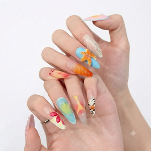 Uñas acrílicas ovaladas largas Creamy Nude Pink Tropical/Island Vibe Coconut Tide Finger Design Pre-diseñado - Product Image 3