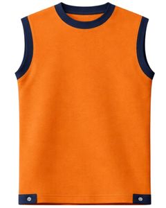 ชุดเซ็ตเสื้อกล้ามแขนกุดสีส้มและกางเกงขาสั้นสำหรับผู้ชาย  ชุดลำลองฤดูร้อนผ้าฝ้าย แต่งขอบสีน้ำเงินกรมท่า พร้อมเชือกผูกเอว ชุดสองชิ้น - Product Image 1