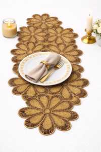 Gold Beaded <b>Table</b> <b>Runner</b>, Floral <b>Dining</b> <b>Table</b> <b>Runner</b>, Luxury Handmade <b>Table</b> <b>Runner</b>, Elegant <b>Table</b> Decor, Wedding Centerpie - Product Image 2