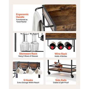 Chariot de bar industriel à 3 niveaux avec roulettes, station de service mobile, étagère à boissons pour la maison et la cuisine - Product Image 4