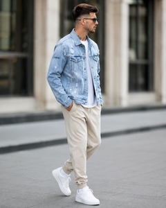 <b>Men's</b> Denim <b>Jacket</b> Solid Color Stand Collar Regular Fit Washed Cotton Casual Autumn Style Waterproof Windproof Quick Dry <b>White</b> - Product Image 2