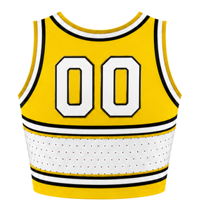 Haut court de cheerleading sans manches jaune, blanc et noir pour femme, col en V, uniforme de performance athlétique pour équipe, compétition sportive - Product Image 2