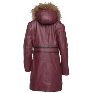 Chaqueta de cuero borgoña personalizada para mujer, abrigo largo de 3/4 de longitud, chaqueta de cuero genuino con doble botonadura y capucha de piel de zorro auténtica - Product Image 2