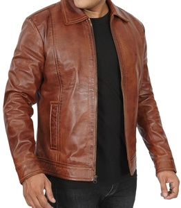 <b>Men's</b> Brown PU Motorcycle Jacket <b>Turtleneck</b> Collar Zipper Closure Casual Winter Wear Regular Fit Solid Color Eco-friendly Front - Product Image 2