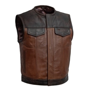 Gilet de moto en cuir véritable fait main pour homme, bicolore marron et noir, avec fermeture à boutons-pression, commande en gros - Product Image 1