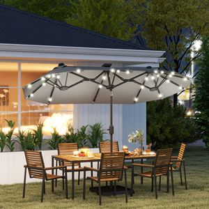Ombrellone da Esterno a Doppia Faccia con Luci Solari e Base, Raggio 3m, per Tavolo da Pranzo, Grigio, con Pulsante di Inclinazione per Giardino e Cortile - Product Image 2
