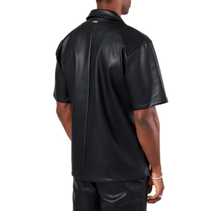 <b>Men</b>’s Black Leather Look Short Sleeve Streetwear Fashion Button Up Summer Outfit - Product Image 5