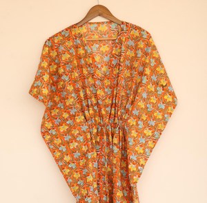 Women's Floral Hand Block Print V-Neck Orange Kaftan Long <b>Dress</b> <b>Loose</b> Fit Cotton Bohemian Summer <b>Dress</b> - Product Image 2