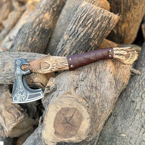 Hache viking de style nordique de qualité industrielle, tête en acier fabriquée à la main, manche en bois dur, poignée en cuir pour le camping en plein air et la chasse - Product Image 2