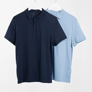 Polo en coton tricoté uni pour homme, manches courtes, décontracté, respirant, coupe classique, bleu et marine - Product Image 1