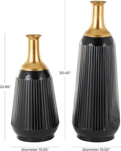 Ensemble de vases de sol modernes en métal noir et or, faits à la main, pièces maîtresses décoratives pour la décoration intérieure, hauteur 22,85 po et 30,40 po - Product Image 1