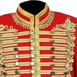 Men's Red Double Breasted Hussar <b>Jacket</b> With Gold Embroidery <b>Mandarin</b> <b>Collar</b> Formal Winter Coat - Product Image 2