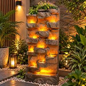Fontaine murale en polystone avec cascade, éclairage LED, finition pierre rustique, cascade multi-niveaux autoportante, taille personnalisée, jardin - Product Image 5