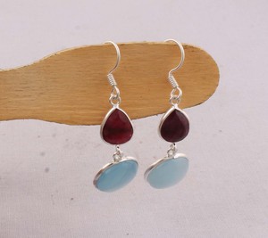 Pendientes de Granate Rojo Natural y Calcedonia Azul, Plata de Ley 925, Pendientes Colgantes Multifacéticos con Múltiples Piedras, Joyería Hecha a Mano al por Mayor - Product Image 5