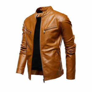 Veste de motard en cuir PU marron pour homme Lawd Sports, col en V, fermeture éclair, coupe ajustée, doublure en coton respirant, style streetwear, automne - Product Image 1