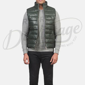 เสื้อกั๊กหนังแท้สีเขียวเข้มสำหรับผู้ชาย พรีเมียม ทรงเข้ารูป คอสูง ซิปหน้า บุนวม อุ่นสำหรับฤดูหนาว - Product Image 3